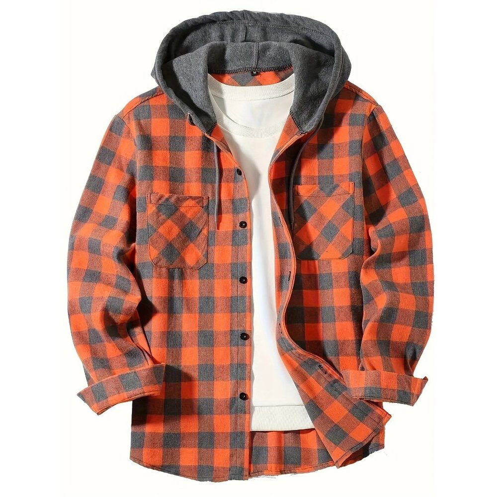 Men's Flannel Hoodie Jacket Casual Long Sleeve Button Down Plaid Shirt Orange
